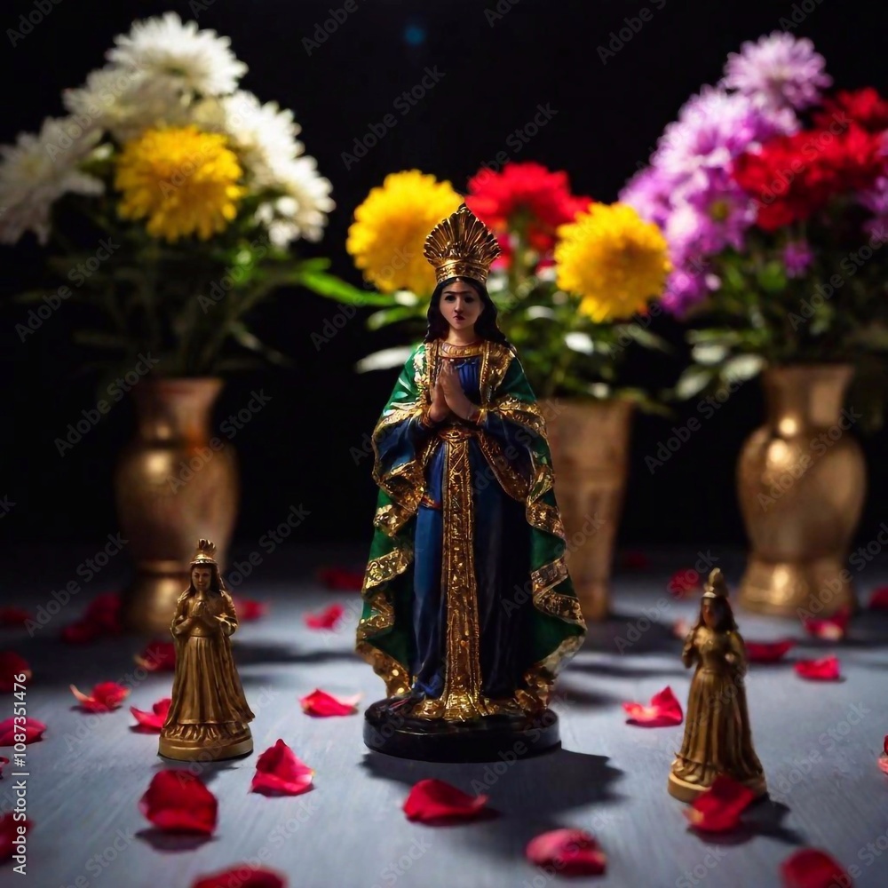 Fototapeta premium A noir-inspired close-up ground level view of Virgin of Guadalupe Day offerings on the ground, such as small statues and floral arrangements, with dramatic lighting and shadow play