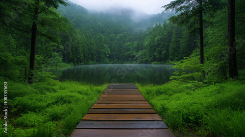 Tranquil Forest Lake: A wooden path leads to a serene lake nestled amidst a lush forest, enveloped in a misty atmosphere, creating a tranquil and peaceful scene.  photo