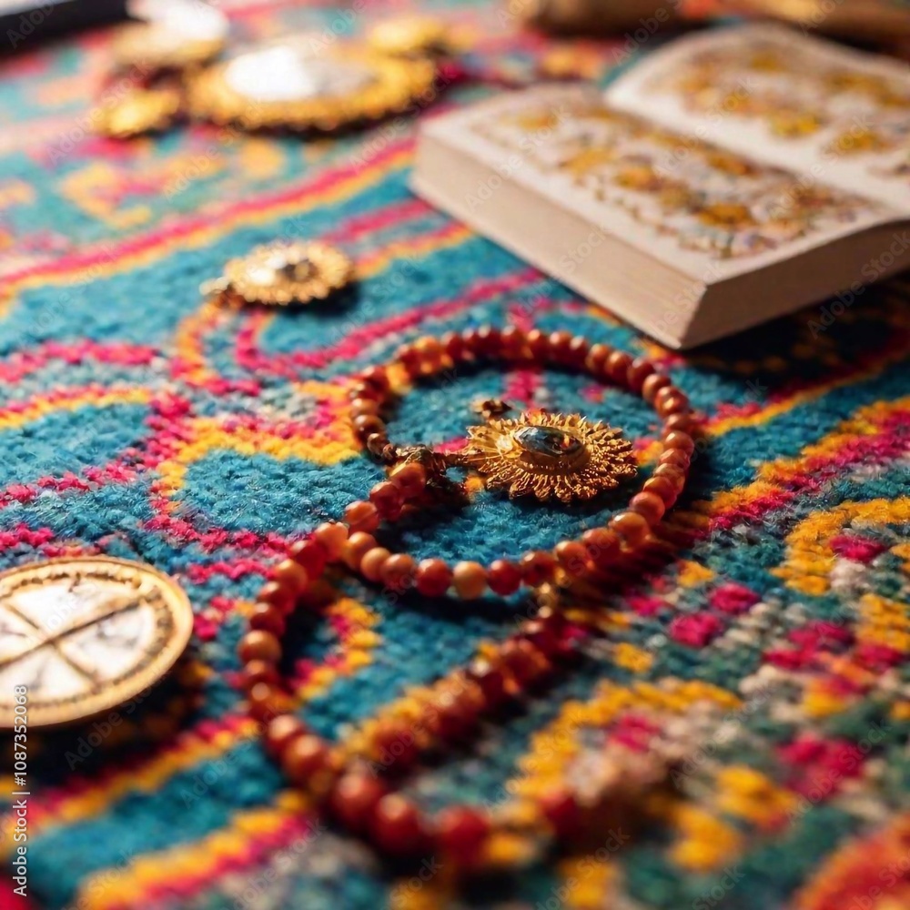Obraz premium A close-up flatlay photo of a Virgin of Guadalupe Day devotional set, with detailed views of prayer beads, religious medals, and candles, arranged meticulously on a decorated surface