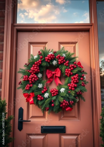 Berry christmas wreath with decorations on a door christmas wreath decoration holiday frame