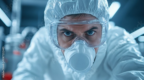 The intense focus of a scientist is captured as they work in advanced conditions, signifying dedication and precision in a high-tech laboratory environment. photo