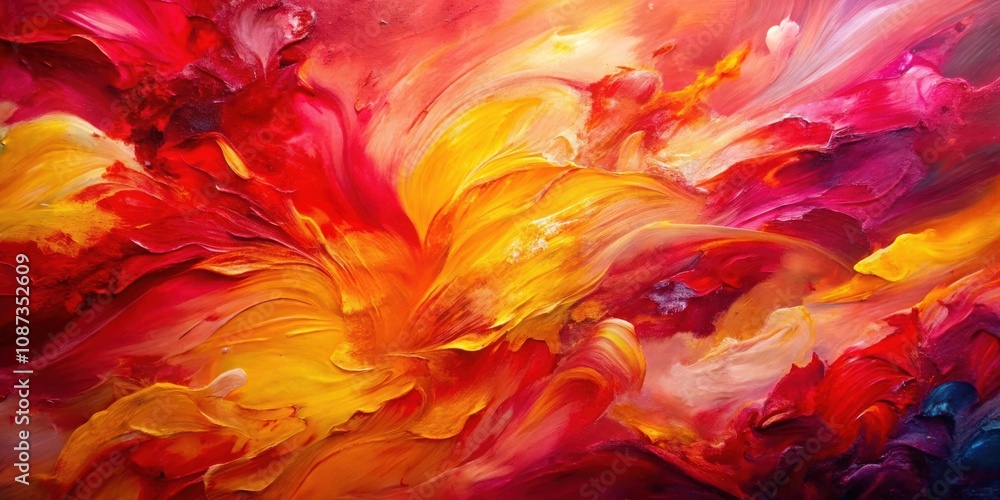 A vibrant abstract painting with thick brushstrokes of red, yellow, and purple hues, creating a dynamic and energetic composition. A vibrant abstract painting with thick brushstrokes of red, yellow, and purple hues, creating a dynamic and energetic composition.