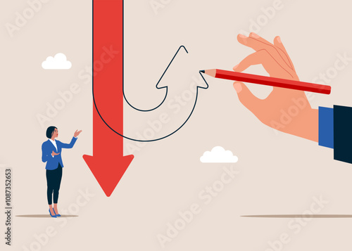 Red arrow goes down. Hand draws an arrow up. Decision to change to better opportunity. Big hand draw new arrow of change direction. Flat vector illustration