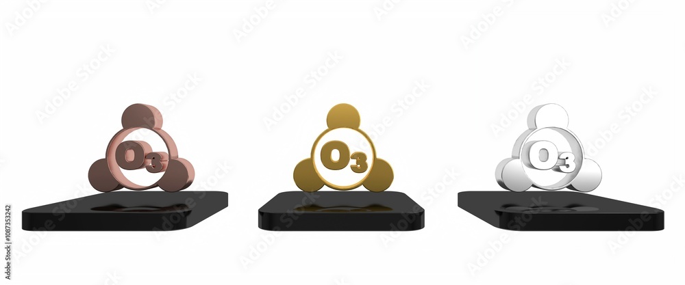 Colorful Ozone molecule icon isolated on white background. Ozone, O3, trioxygen, inorganic molecule. Structural chemical formula and molecule model. Minimalism concept. 3D render illustration Colorful Ozone molecule icon isolated on white background. Ozone, O3, trioxygen, inorganic molecule. Structural chemical formula and molecule model. Minimalism concept. 3D render illustration