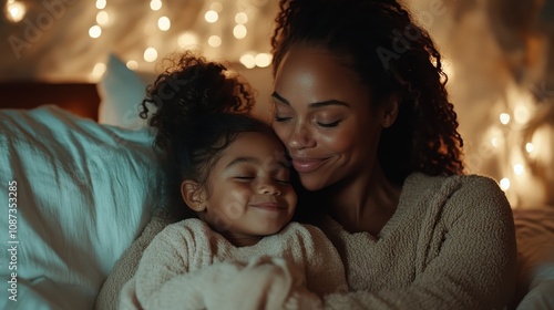 A mother and her young daughter share a tender cuddle in a warmly lit room, capturing a moment of pure love and bonding amid glowing background lights. photo