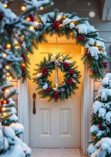 Christmas wreath on white door, snow-covered garland, warm glowing light, festive holiday decorations, evergreen branches, twinkling lights, cozy home entrance, winter wonderland, rustic charm, inviti photo