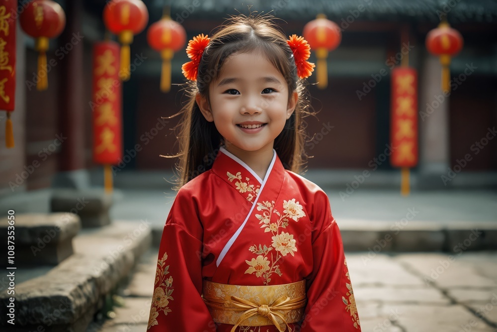 Cute little Asian girl in Chinese traditional dress smiling in the temple. Happy Chinese new year concept Cute little Asian girl in Chinese traditional dress smiling in the temple. Happy Chinese new year concept