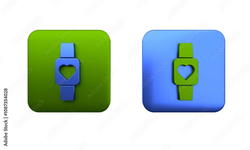 Colorful Smart watch showing heart beat rate icon isolated on white background. Fitness App concept. Square button. 3D render illustration Colorful Smart watch showing heart beat rate icon isolated on white background. Fitness App concept. Square button. 3D render illustration