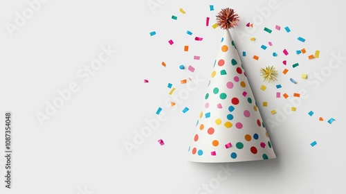 A festive party hat surrounded by colorful confetti, perfect for celebration and fun-themed events. Ideal for birthday decorations.