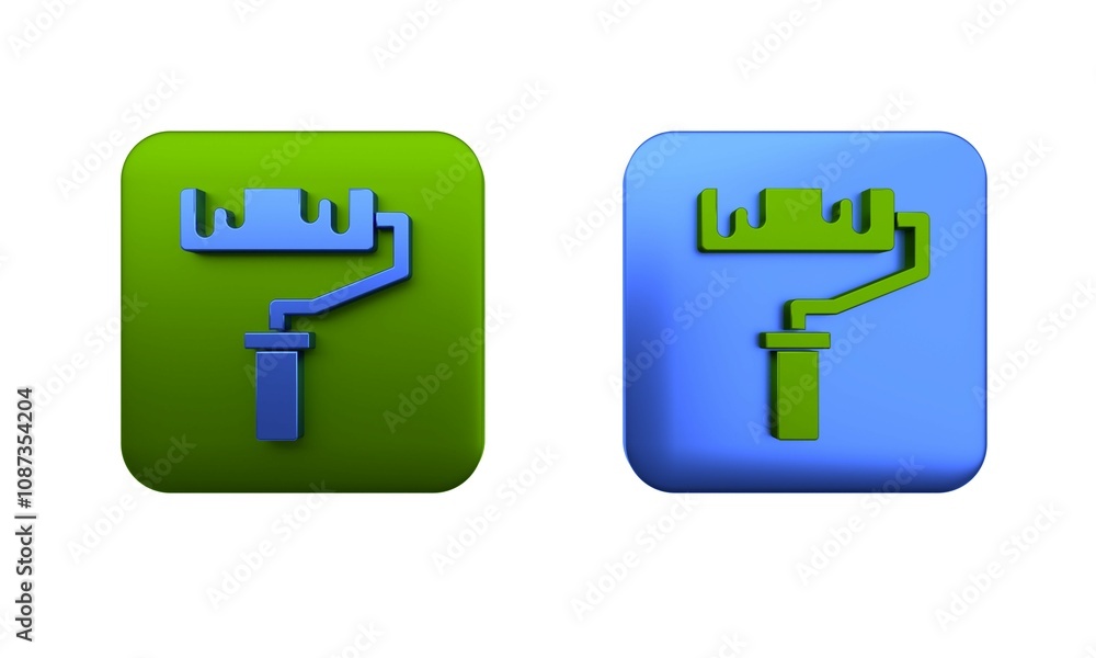 Colorful Paint roller brush icon isolated on white background. Square button. 3D render illustration Colorful Paint roller brush icon isolated on white background. Square button. 3D render illustration