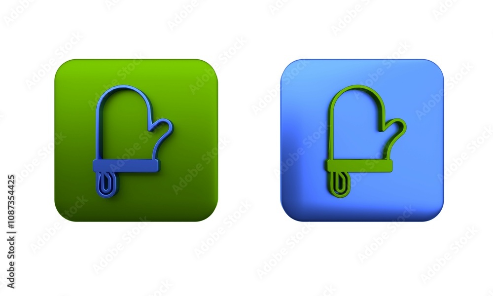 Colorful Oven glove icon isolated on white background. Kitchen potholder sign. Cooking glove. Square button. 3D render illustration Colorful Oven glove icon isolated on white background. Kitchen potholder sign. Cooking glove. Square button. 3D render illustration