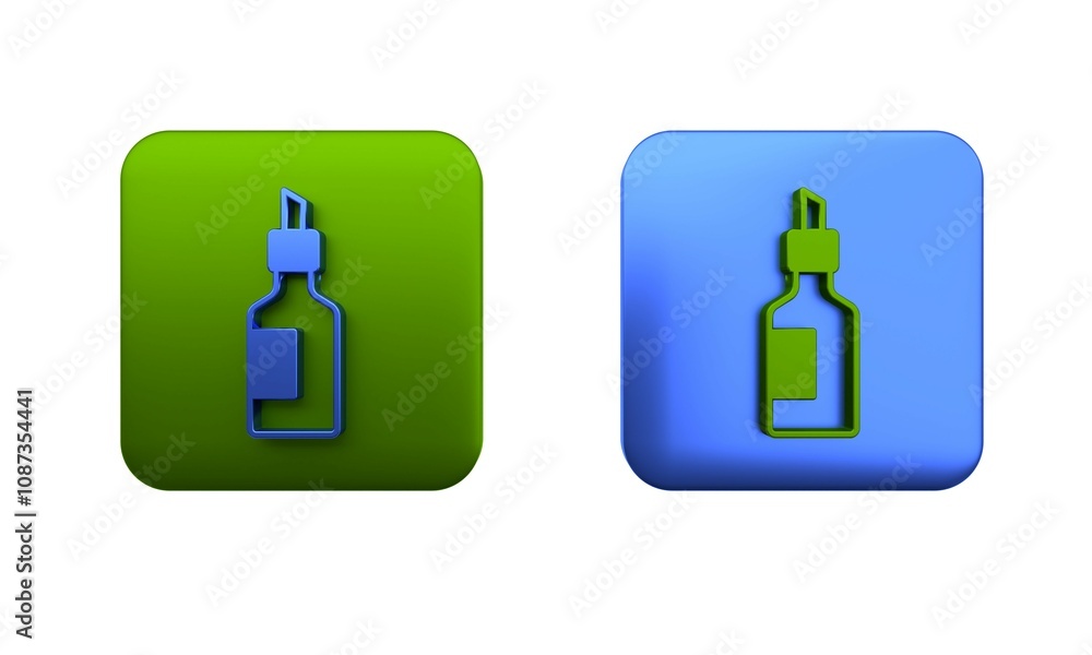Colorful Bottle of olive oil icon isolated on white background. Jug with olive oil icon. Square button. 3D render illustration Colorful Bottle of olive oil icon isolated on white background. Jug with olive oil icon. Square button. 3D render illustration