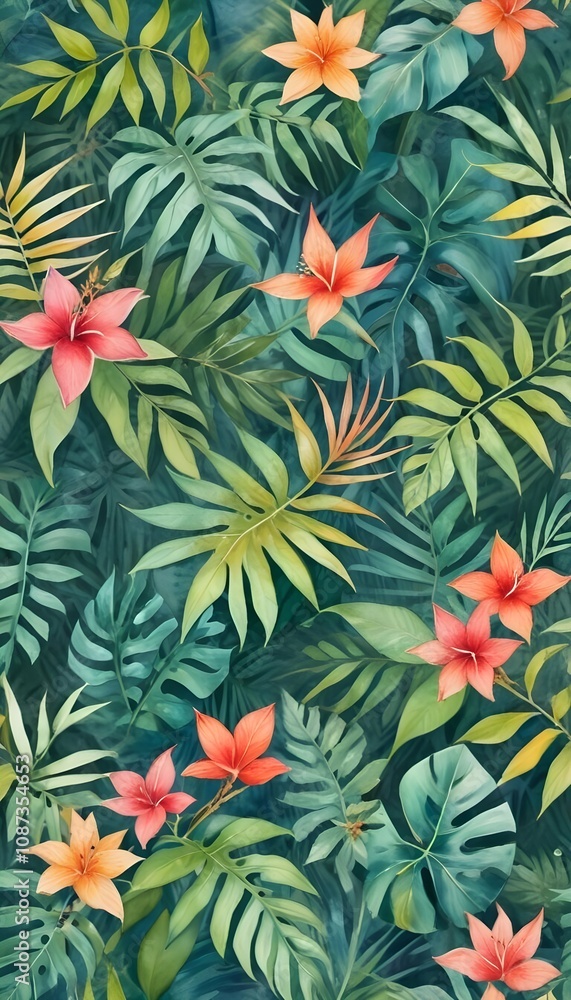 Tropical exotic pattern with animal and flowers in bright colors and lush vegetation Tropical exotic pattern with animal and flowers in bright colors and lush vegetation