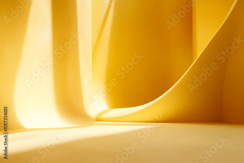 Yellow background studio interior room. Minimalist product stage platform mockup. 3d render of square empty space for product placement.