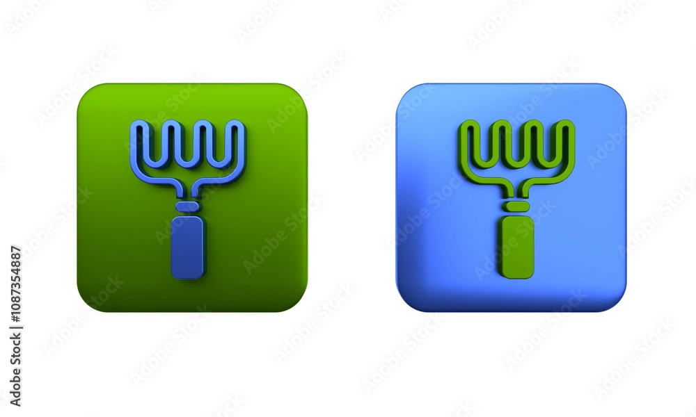 Colorful Garden rake icon isolated on white background. Tool for horticulture, agriculture, farming. Ground cultivator. Housekeeping equipment. Square button. 3D render illustration Colorful Garden rake icon isolated on white background. Tool for horticulture, agriculture, farming. Ground cultivator. Housekeeping equipment. Square button. 3D render illustration