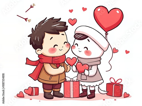 cartoon of a couple kissing with a gift and a heart. photo