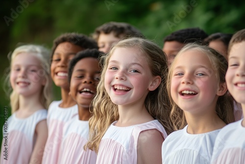 A Joyful Chorus of Children: A heartwarming image of a group of children, radiating happiness and togetherness. A beautiful moment captured in time, showcasing the pure joy of childhood.