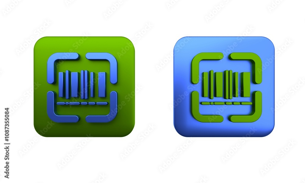 Colorful Scanner scanning bar code icon isolated on white background. Barcode label sticker. Identification for delivery with bars. Square button. 3D render illustration Colorful Scanner scanning bar code icon isolated on white background. Barcode label sticker. Identification for delivery with bars. Square button. 3D render illustration