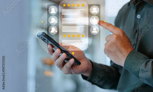 The user rates the quality of service, the reputation rating of the business or service. The user gives an excellent rating to the service experience in the online application on the smartphone.