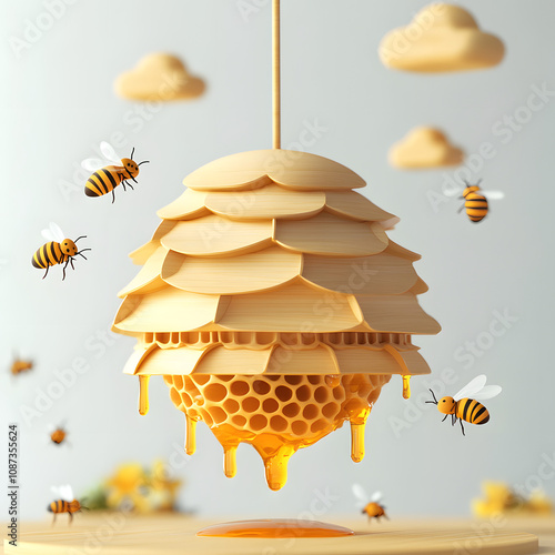 3D Render of Honeycomb with Bees
