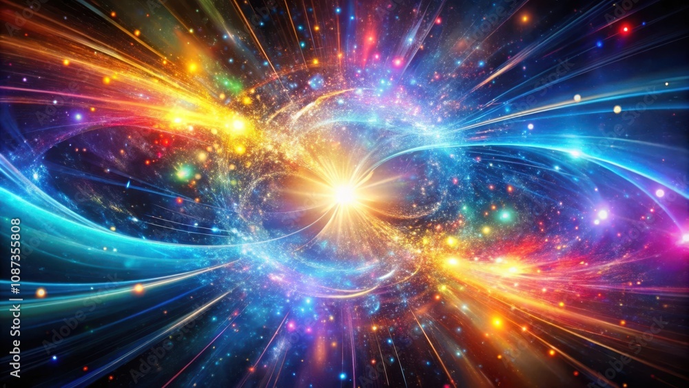 Naklejka premium A cosmic explosion of light and energy, illuminating the vast expanse of space with vibrant colors and shimmering stars.