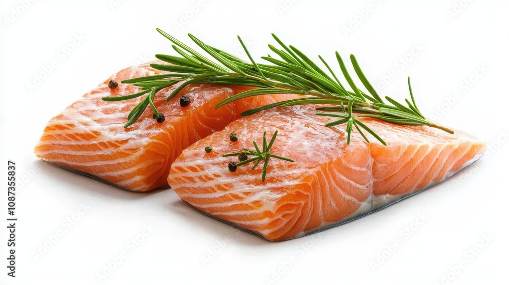 Vibrant orange salmon fillets with a firm texture, beautifully displayed on a clean white background Vibrant orange salmon fillets with a firm texture, beautifully displayed on a clean white background