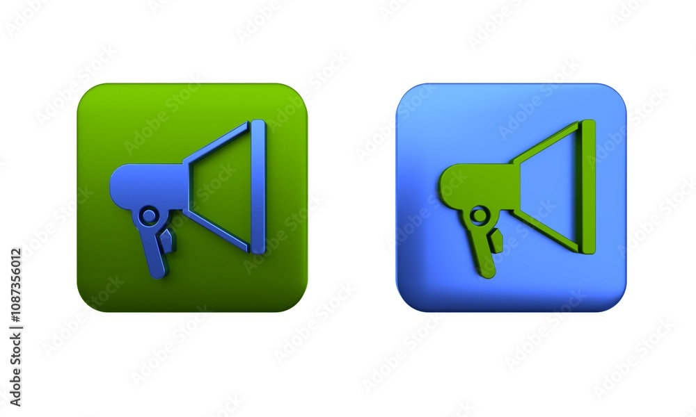 Colorful Megaphone icon isolated on white background. Speaker sign. Square button. 3D render illustration Colorful Megaphone icon isolated on white background. Speaker sign. Square button. 3D render illustration