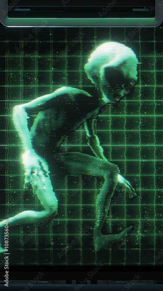 A 3D digital Sci-Fi style data screen featuring a central animated Alien Grey character and grid with graphical data. A 3D digital Sci-Fi style data screen featuring a central animated Alien Grey character and grid with graphical data.