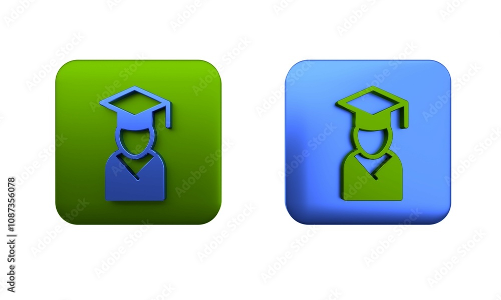 Colorful Graduate and graduation cap icon isolated on white background. Square button. 3D render illustration Colorful Graduate and graduation cap icon isolated on white background. Square button. 3D render illustration