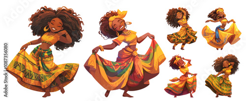 African girl dancing. dark-skinned woman with curly dark hair in yellow green skirt with national pattern set, joy dance holiday people africa vector illustration
