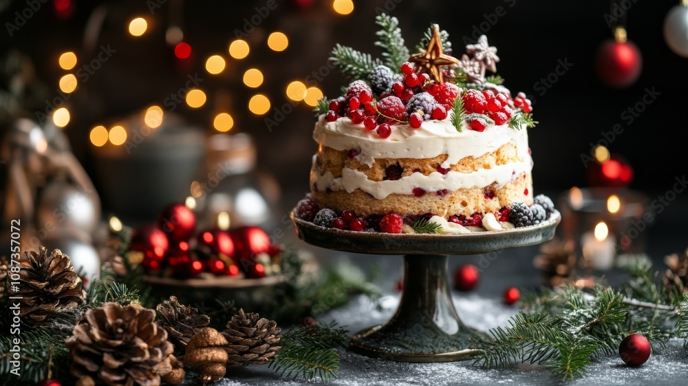 Festive Christmas Cake with Berries and Pine Decor Festive Christmas Cake with Berries and Pine Decor