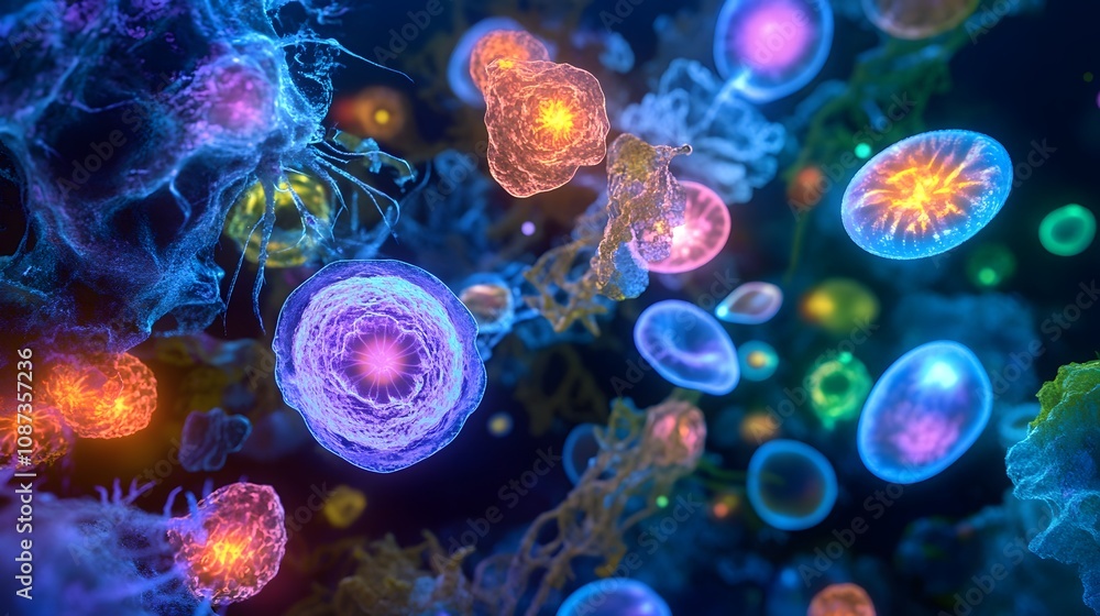 Obraz premium Induced pluripotent cells glowing under microscope, vibrant colors, delicate textures