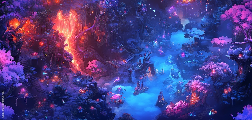 Fantasy landscape with vibrant, glowing flora. A mystical realm divided by fire and ice, perfect for game design or fantasy art. Fantasy landscape with vibrant, glowing flora. A mystical realm divided by fire and ice, perfect for game design or fantasy art.