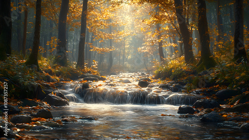 Magnificent nature scenic landscape of autumn season forest with creek flowing,waterfall