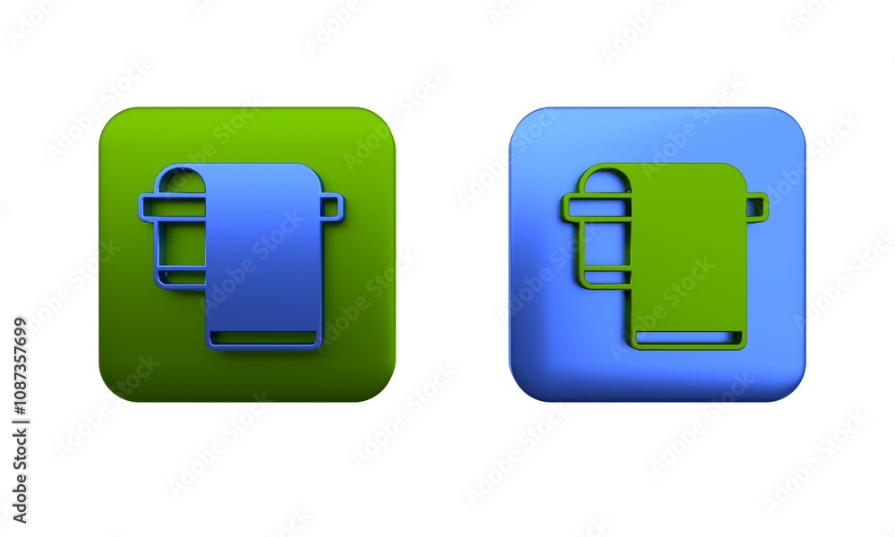 Colorful Towel on hanger icon isolated on white background. Bathroom towel icon. Square button. 3D render illustration Colorful Towel on hanger icon isolated on white background. Bathroom towel icon. Square button. 3D render illustration