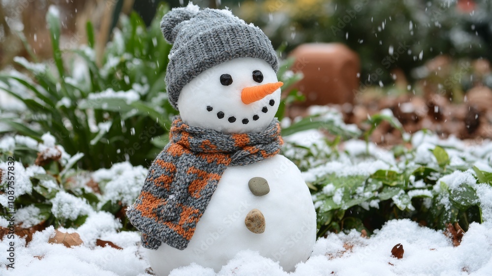 Obraz premium A Snowman With A Grey Knit Hat, Orange Scarf, and Carrot Nose in the Snow