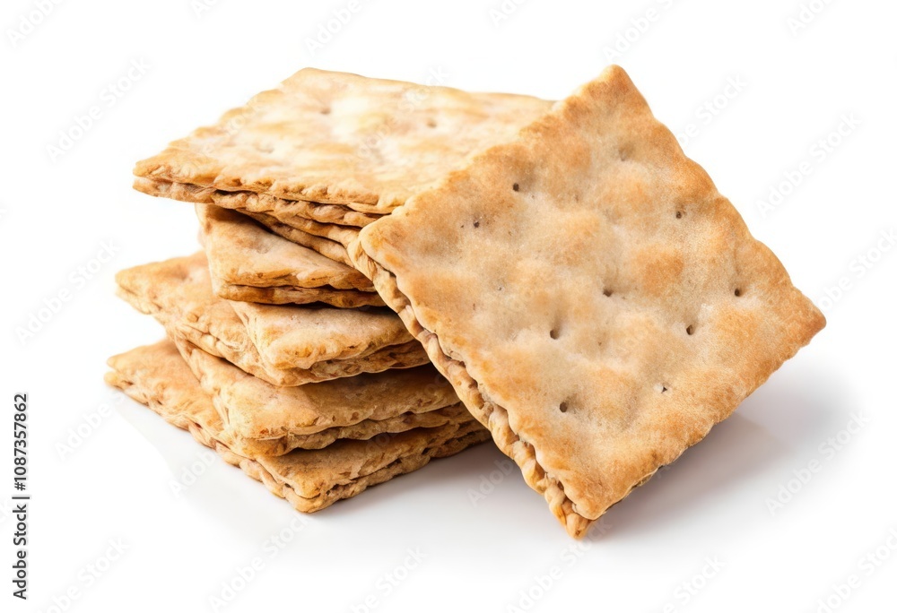 A pile of whole wheat flour crackers on a white background A pile of whole wheat flour crackers on a white background