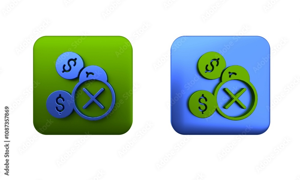 Colorful No money icon isolated on white background. Square button. 3D render illustration Colorful No money icon isolated on white background. Square button. 3D render illustration