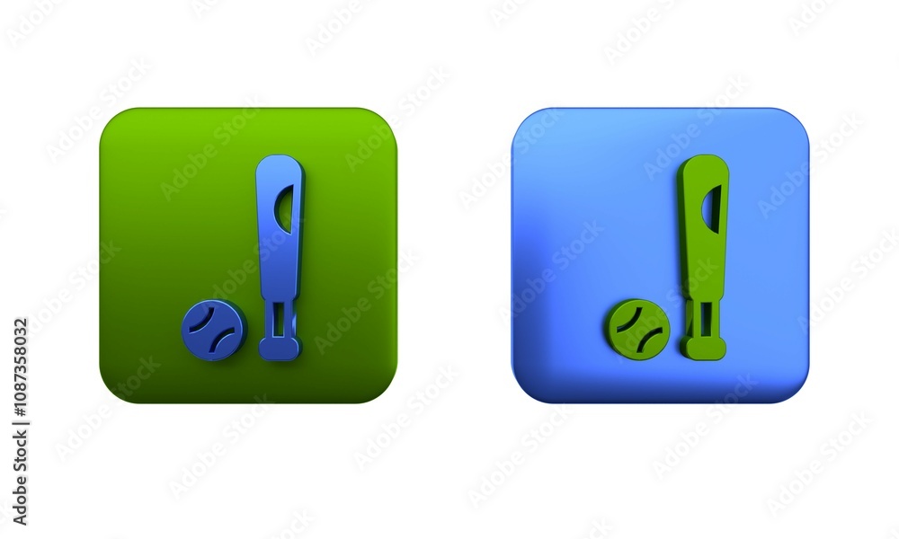 Colorful Baseball bat with ball icon isolated on white background. Square button. 3D render illustration Colorful Baseball bat with ball icon isolated on white background. Square button. 3D render illustration