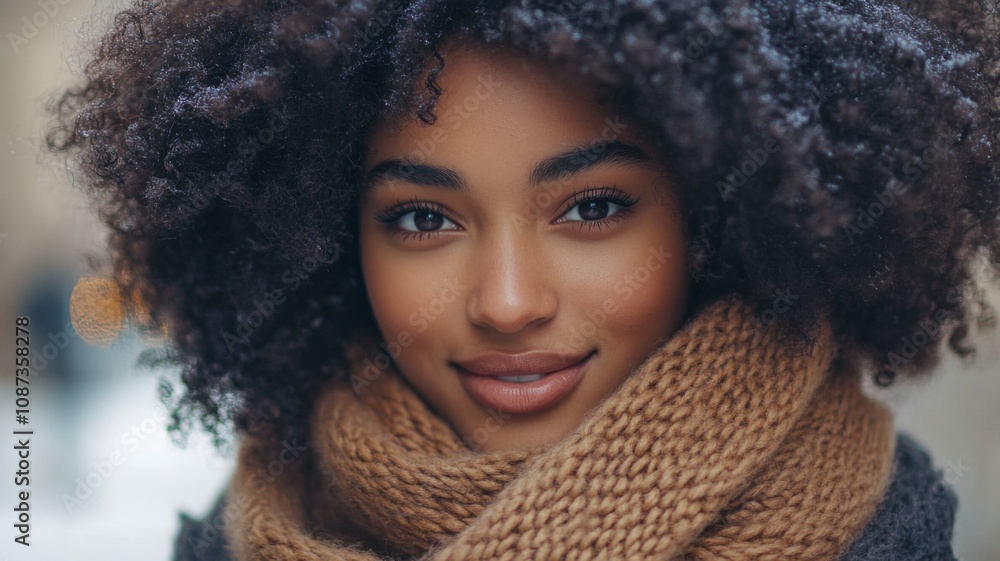 Close-up Portrait of a Woman with Curly Hair and a Knit Scarf Close-up Portrait of a Woman with Curly Hair and a Knit Scarf