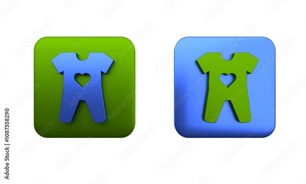 Colorful Baby clothes icon isolated on white background. Baby clothing for baby girl and boy. Baby bodysuit. Square button. 3D render illustration Colorful Baby clothes icon isolated on white background. Baby clothing for baby girl and boy. Baby bodysuit. Square button. 3D render illustration