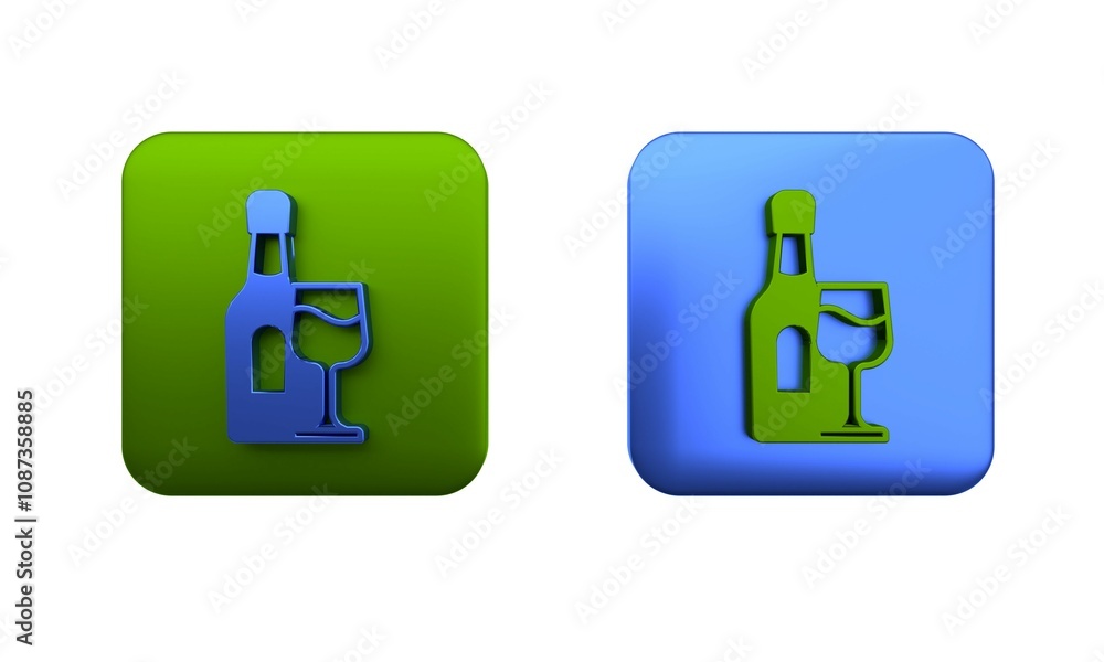 Colorful Wine bottle with glass icon isolated on white background. Square button. 3D render illustration Colorful Wine bottle with glass icon isolated on white background. Square button. 3D render illustration