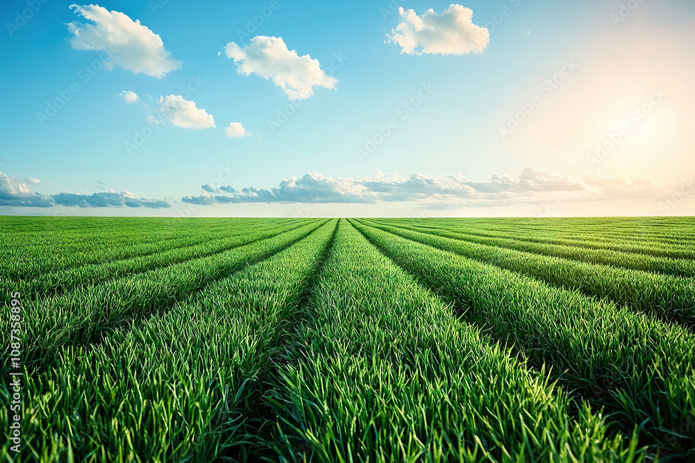 vibrant green field under clear blue sky with fluffy clouds and sunlight. rows of grass create serene and peaceful landscape, perfect for nature lovers vibrant green field under clear blue sky with fluffy clouds and sunlight. rows of grass create serene and peaceful landscape, perfect for nature lovers