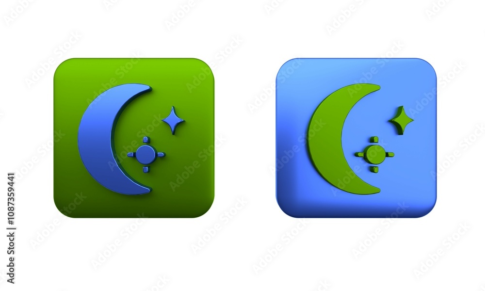 Colorful Moon and stars icon isolated on white background. Cloudy night sign. Sleep dreams symbol. Full moon. Night or bed time sign. Square button. 3D render illustration Colorful Moon and stars icon isolated on white background. Cloudy night sign. Sleep dreams symbol. Full moon. Night or bed time sign. Square button. 3D render illustration