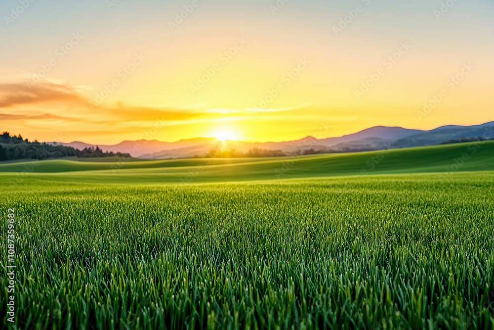 serene sunset over lush green grass field, with distant mountains silhouetted against vibrant sky. warm colors evoke sense of peace and tranquility serene sunset over lush green grass field, with distant mountains silhouetted against vibrant sky. warm colors evoke sense of peace and tranquility