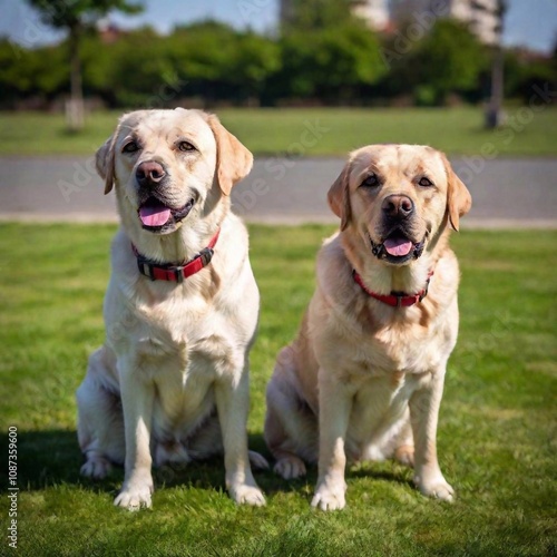 labrador retriever dog sitting in a green grass.