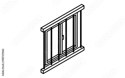 面格子のついた窓、防犯とホームセキュリティの白黒アイソメアイコン