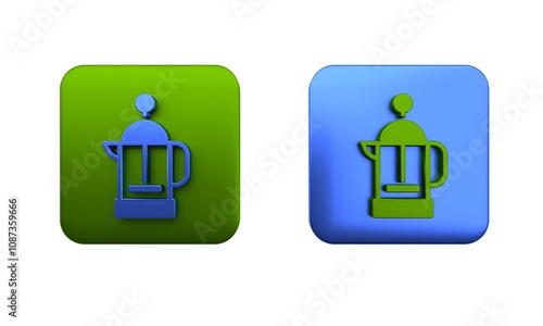 Colorful French press icon isolated on white background. Square button. 3D render illustration