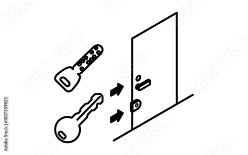 二重鍵の玄関ドア、防犯とホームセキュリティの白黒アイソメアイコン