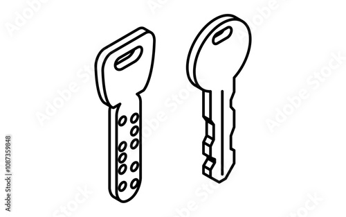 複雑なディンプルキーと普通のシリンダーキー、防犯とホームセキュリティの白黒アイソメアイコン